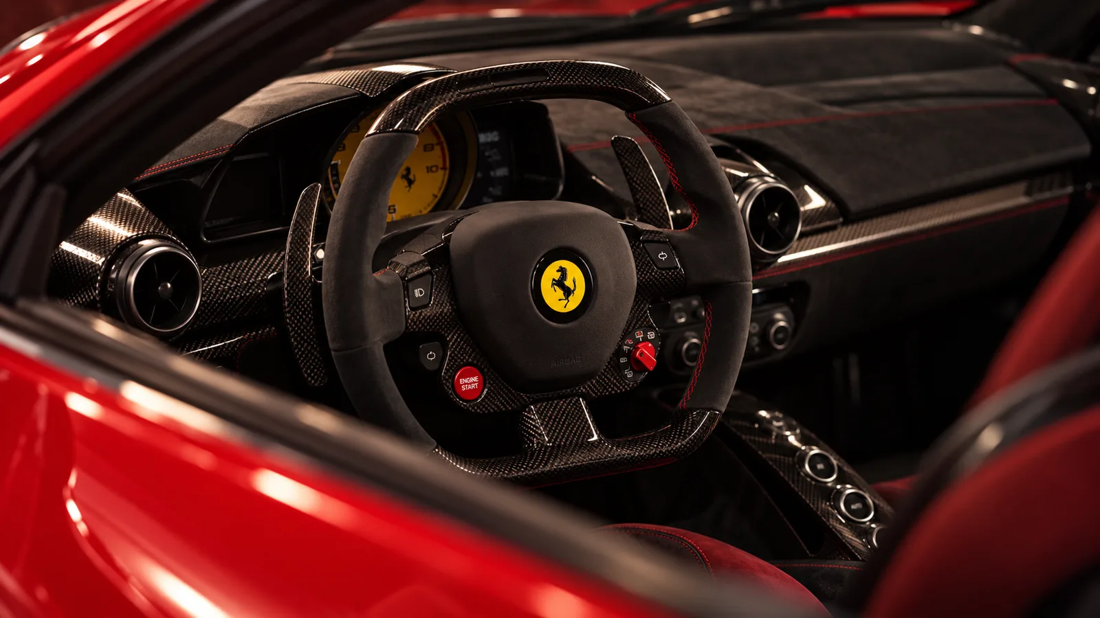Generated concept image of a red Ferrari LaFerrari coupe: interior cockpit detail.