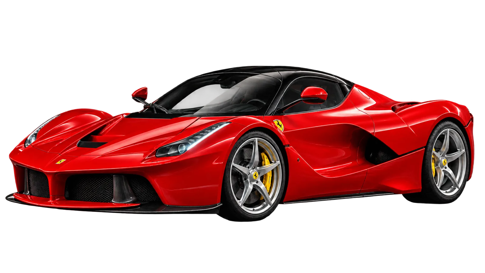 Red Ferrari LaFerrari coupe with a black roof, silver five-spoke wheels and yellow brake calipers.