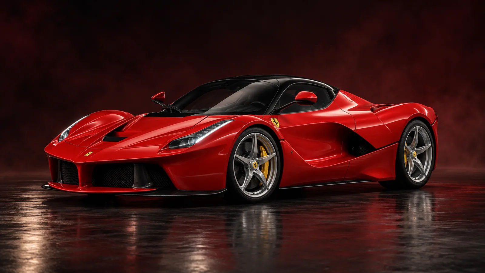 Generated concept image of a red Ferrari LaFerrari coupe: front three-quarter studio portrait.