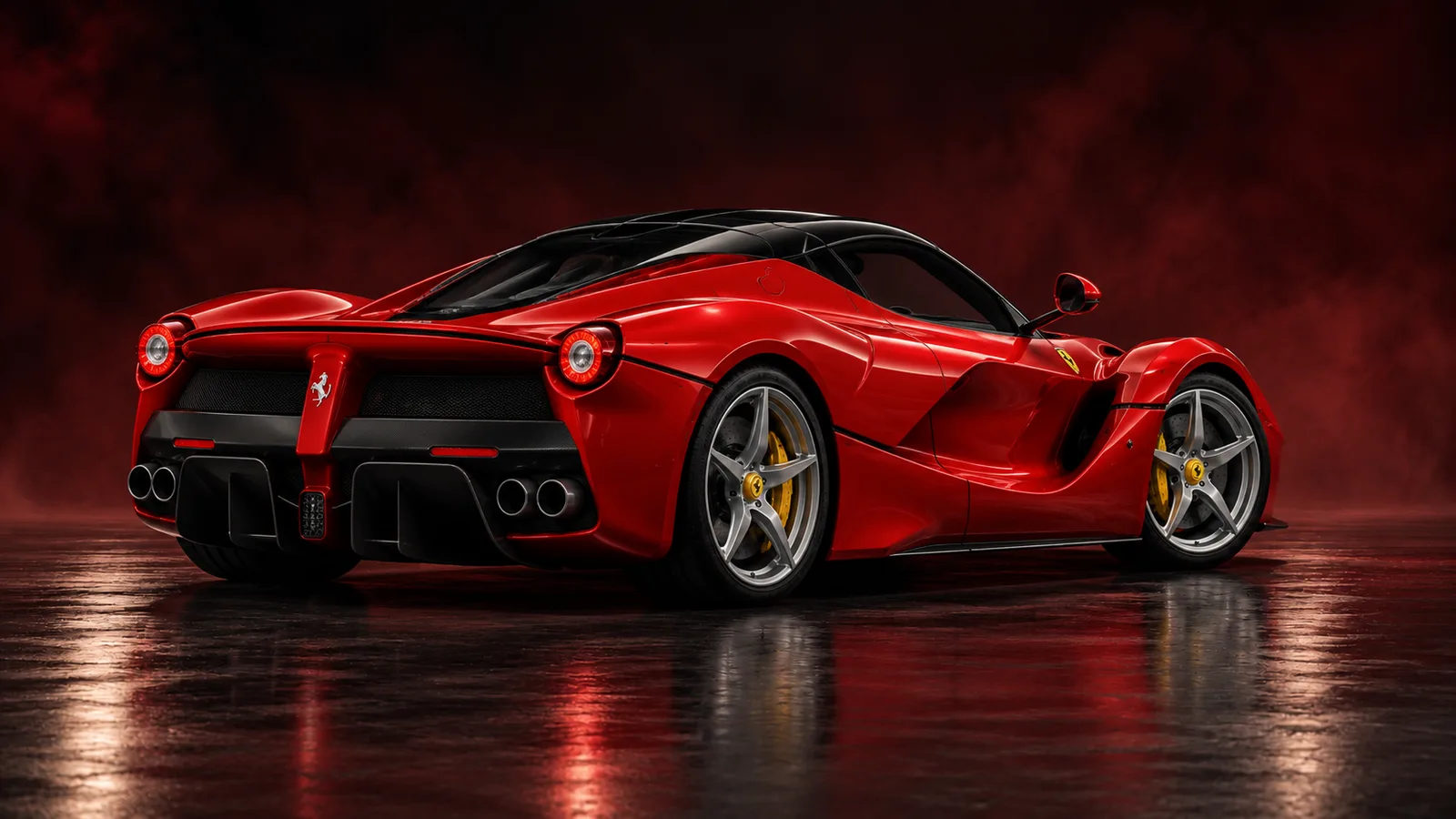 Rear three-quarter view of the red LaFerrari in the burgundy studio.