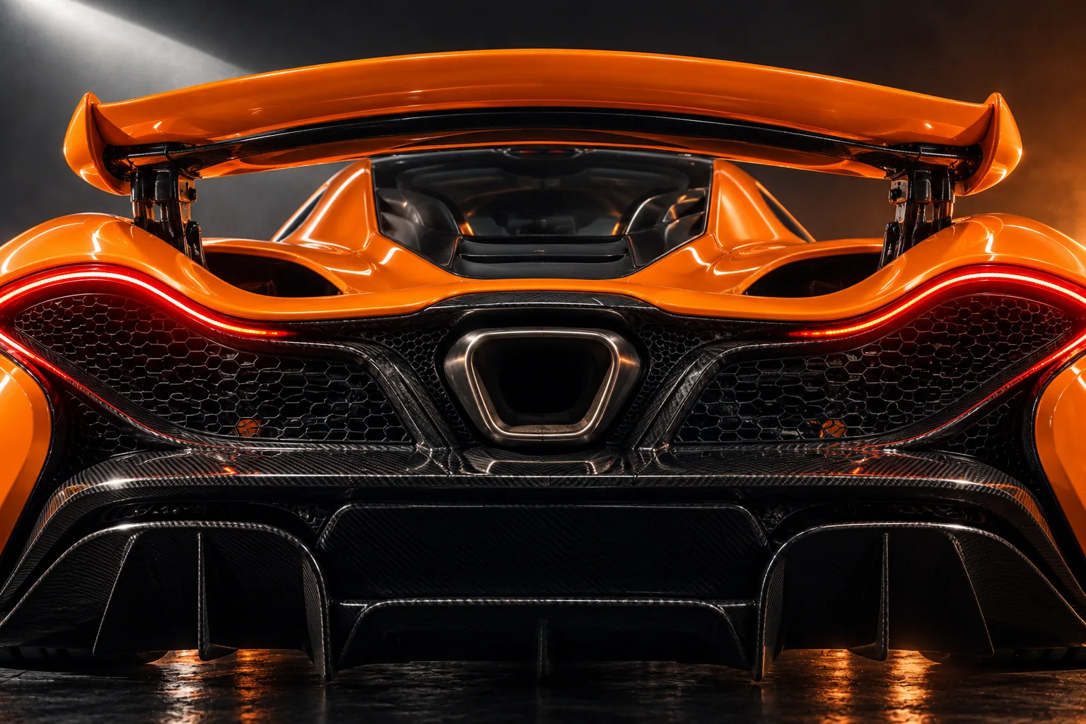 Close view of the P1’s single central exhaust, flowing red tail lights, active rear wing and carbon diffuser.