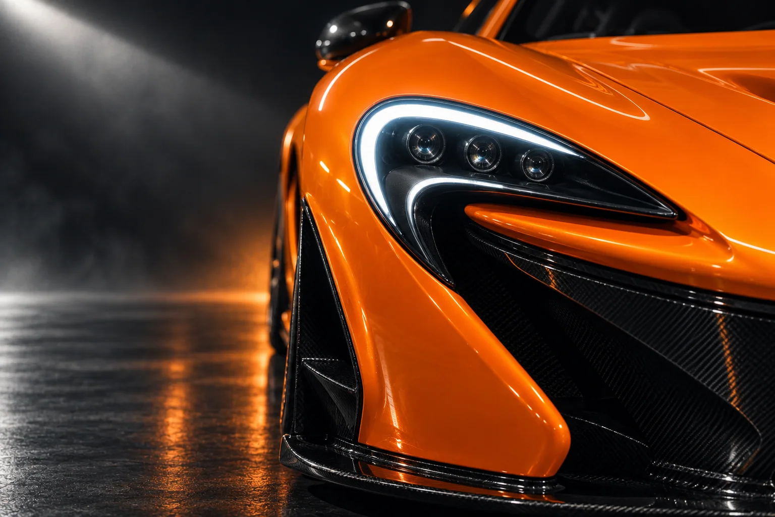 Generated concept image of a papaya-orange production McLaren P1: close detail of the front lighting and bodywork.