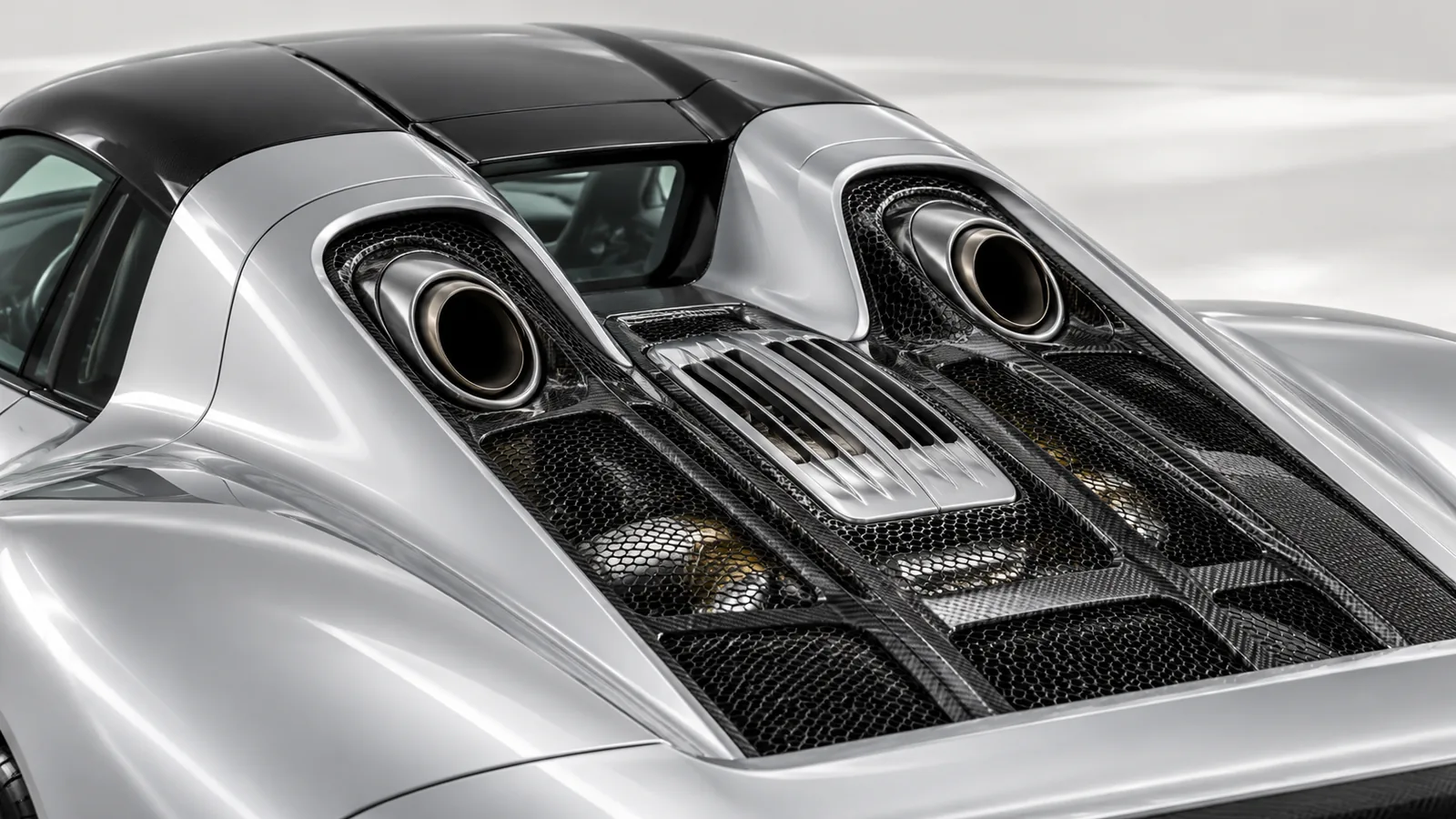 The Porsche 918 Spyder’s twin top-exit exhausts, carbon engine cover and silver rear shoulders.