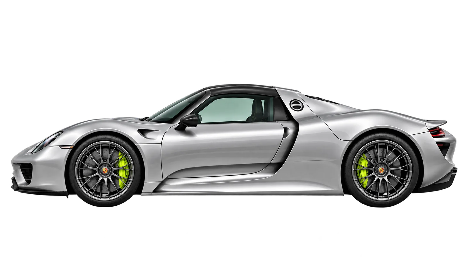 Silver Porsche 918 Spyder in side profile, with its black roof installed and acid-green brake calipers.