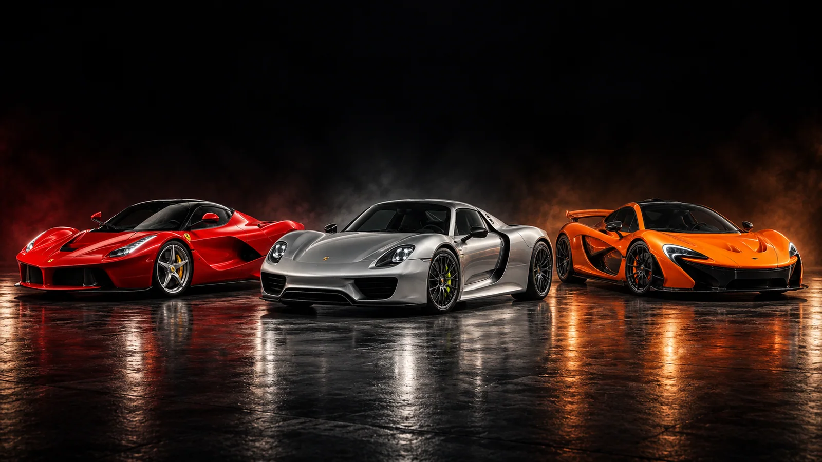Red LaFerrari, silver 918 Spyder and orange P1 gathered in a dark studio.